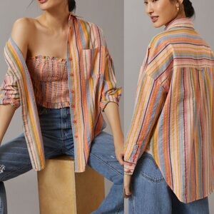 Anthropologie Pilcro Long Sleeve Stripe Button Down Oversized Shirt Blouse Multi